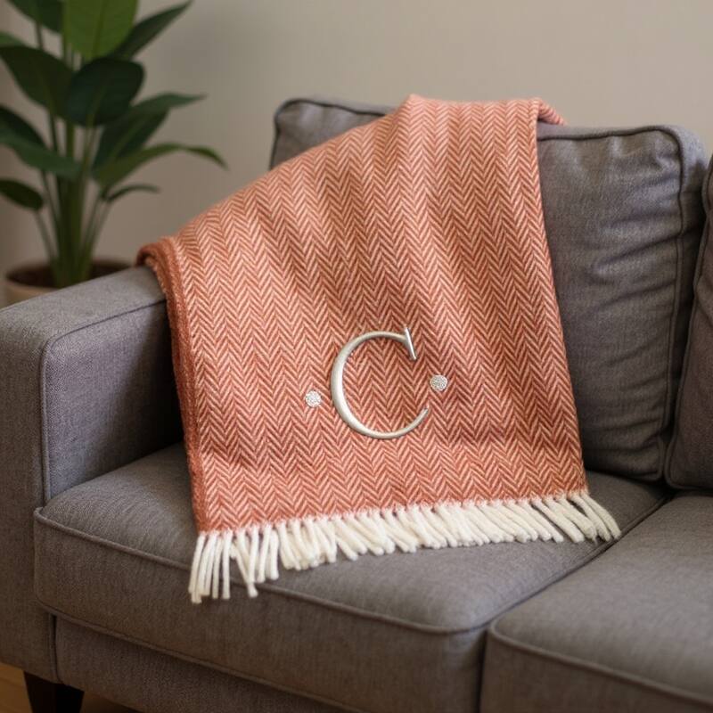 55" X 70" Terra Cotta And White Herringbone Cotton Blend S Initial Throw Blanket with Tassels And Embroidery
