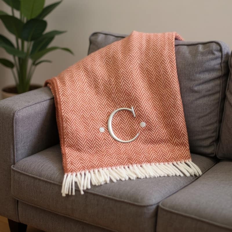 HomeRoots 55" X 70" Terra Cotta And White Herringbone Cotton Blend C Initial Throw Blanket with Tassels And Embroidery - Throw - Terra Cotta/White
