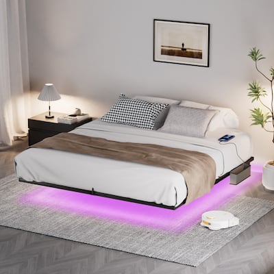Floating Bed Frame with LED Lights ＆ charging station, Metal Platform