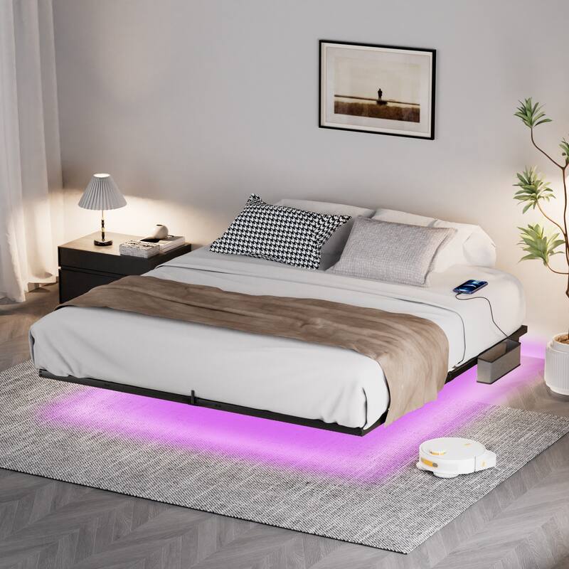 Floating Metal Platform Bed with LED & Charging Station - Black - King