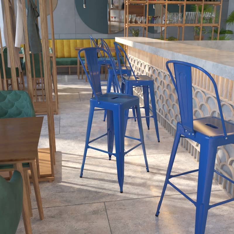 30'' High Metal Indoor-Outdoor Barstool with Back - Blue