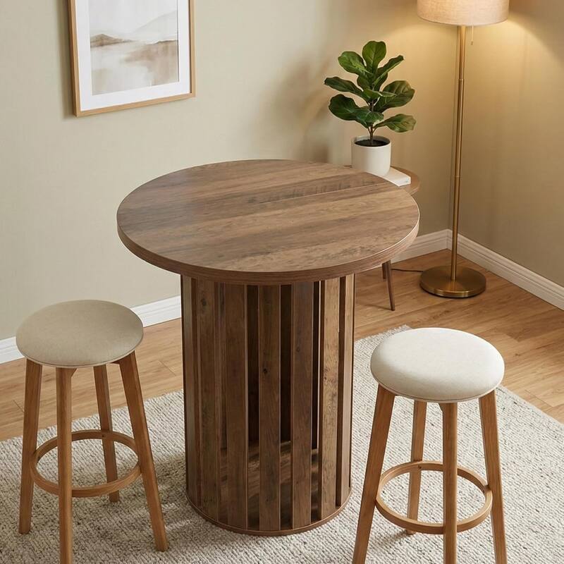 Round Bar Table, 37.4" High Bistro Pub Table for Kitchen, Dining Room, Home Bar - 31.5" D x 31.5" W x 37.4" H