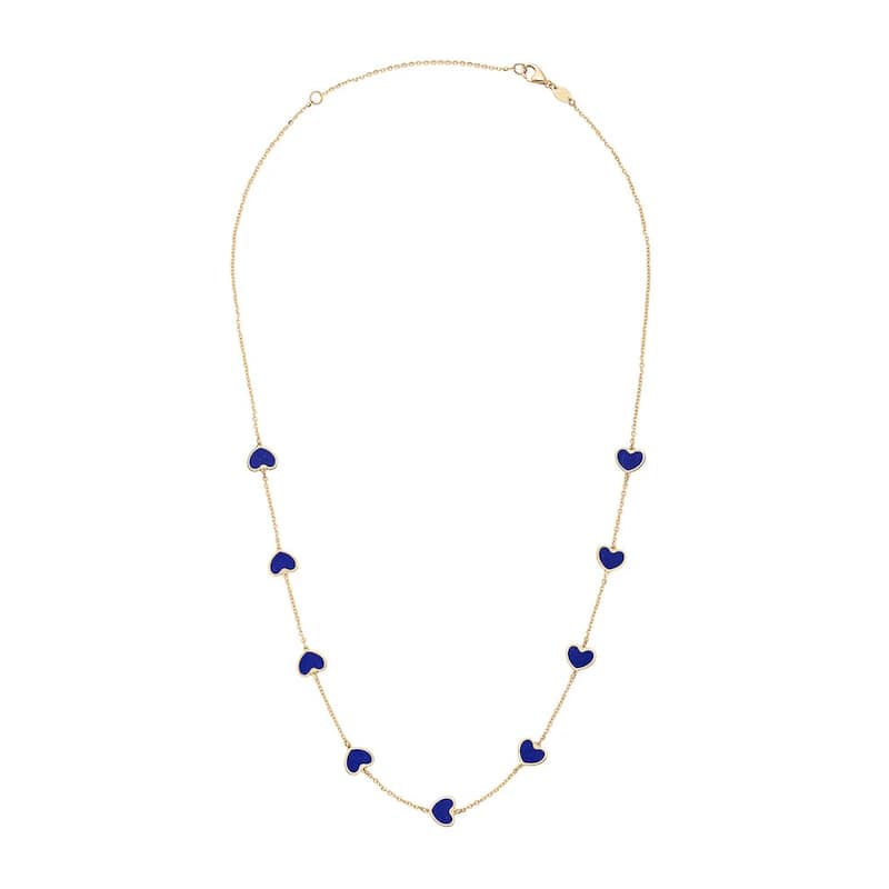 Curata 14k Yellow Gold Italian 18" Inlaid Genuine Gemstone 7mm Heart Station Necklace - Dark Blue Lapis