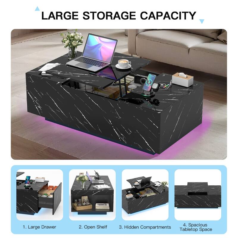 Pocassy LED Coffee Table 47.2" Coffee Tables with Storage Shelf