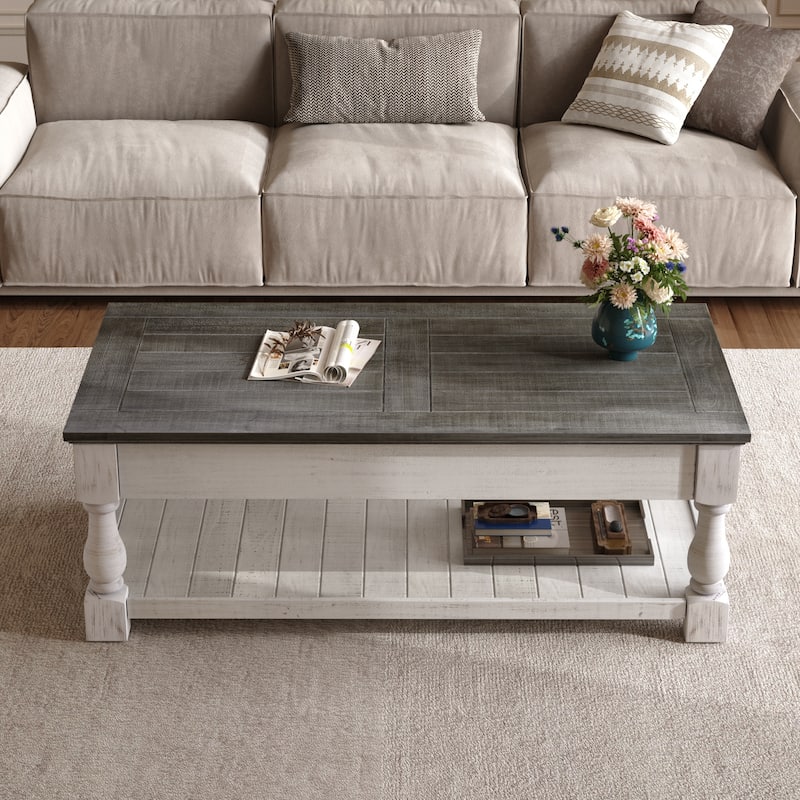 Farmhouse 47.24" Lift Top Coffee Table with Storage Trays Handcrafted Solid Wood for Stylish Living Room Storage