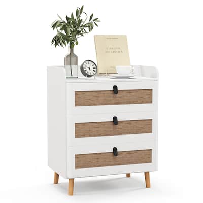 Gymax Modern Nightstand End Bedside Table w/ 3 Rattan Drawers & Solid
