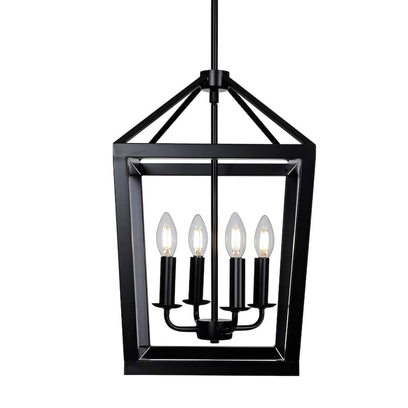 4 - Black Lantern Pendant Light, 4 Lights Farmhouse Chandelier Fixture with Metal Cage, Adjustable Height