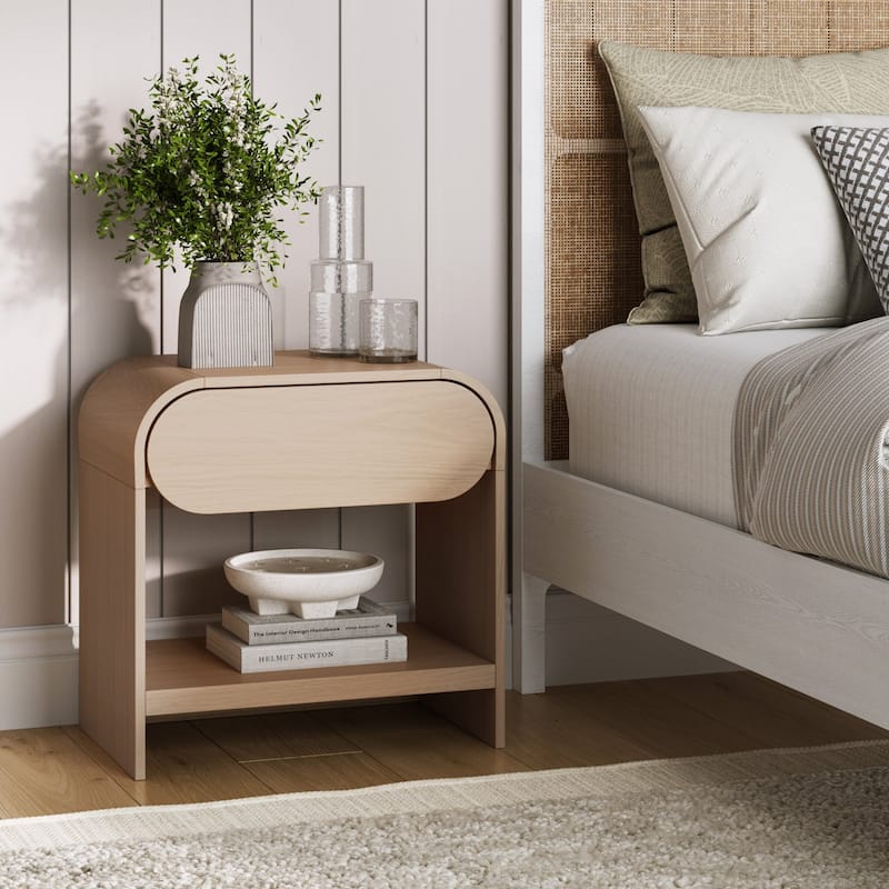 Iris Mid-Century Modern Nightstand with Drawer, Wooden Bedside Table for Bedroom or Living Room with Rounded Silhouette - Light Oak Single