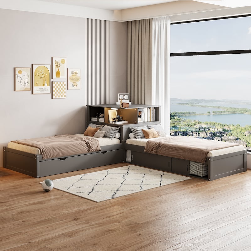 Roomfitters Twin L-Shaped Platform Bed with Trundle, Storage Cabinets and LED Desk