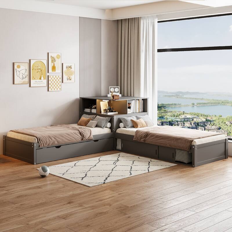 Twin Size L-shaped Bed Frame with Trundle Bed and Storage Cabinets, Desk, Lighting, Corner Platform Storage Bed Frame