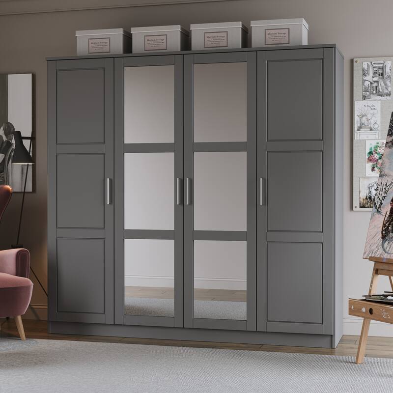 100% Solid Wood Cosmo 4-Door Wardrobe with Solid Wood or Mirrored Doors - Gray-Mirror