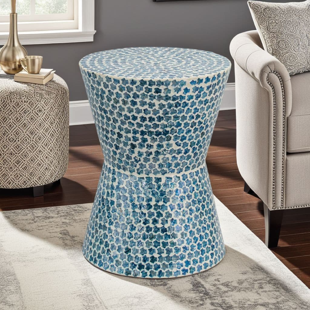 Ivy 20 Inch Luxury Accent Table Stool, Mosaic Tile Pattern, White, Blue