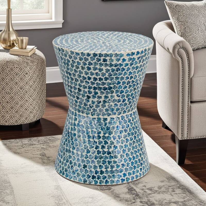 Ivy 20 Inch Luxury Accent Table Stool, Mosaic Tile Pattern, White, Blue