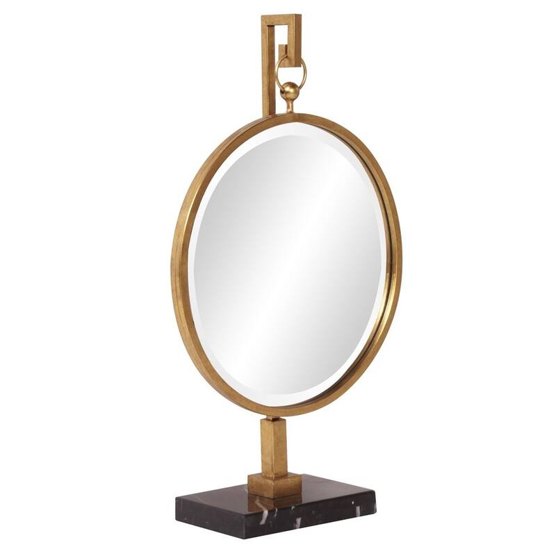 Allan Andrews Round Gold Metal Framed Tabletop Mirror with Marble Base - 17"D x 30"H