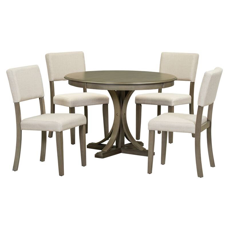 Retro 5-Piece Dining Set, Round Table with Curved Trestle Legs & 4 Upholstered Chairs, Taupe