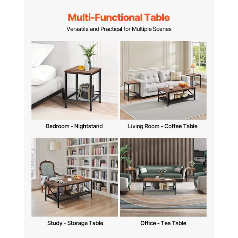 3-Piece Living Room Coffee Table Set with Brown Wood Grain Top and Black Metal Frame Included Side Tables