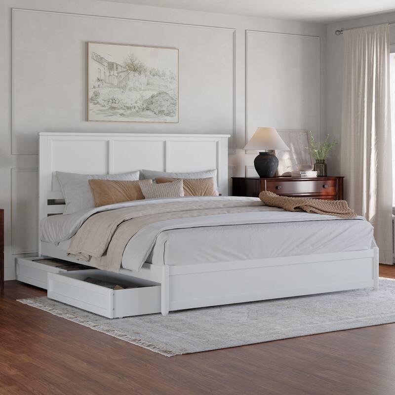 Felicity Platform Bed with Panel Footboard and Storage Drawers - White - King