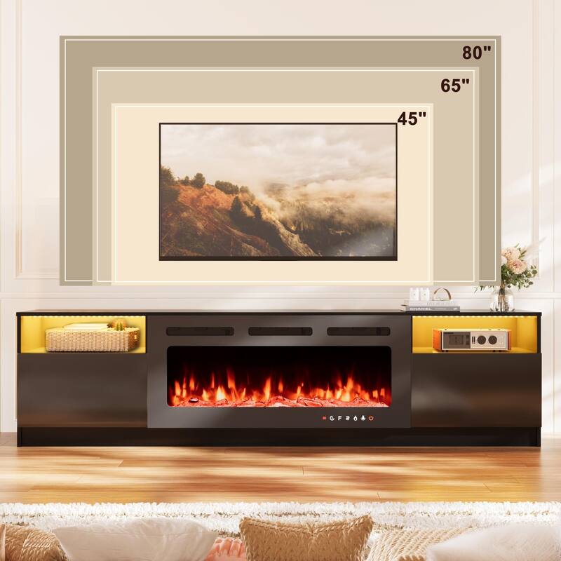 36'' Electric Fireplace TV Stand, Entertainment Center & TV Console for TVs up to 80'', Modern Fireplace Heater for Living Room - Black 80"