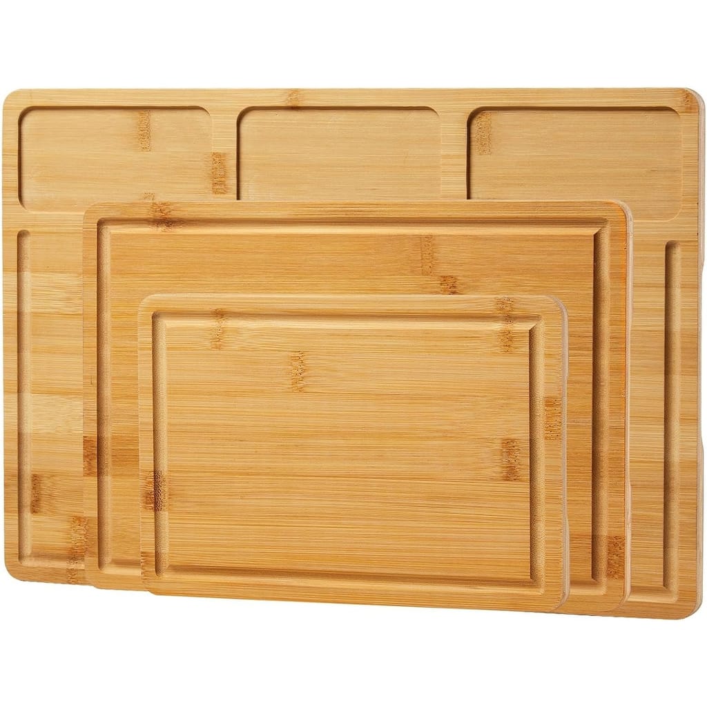 Bamboo Wood Cutting Boards Set of 3 with Compartments,Inner Handles and Juice Grooves