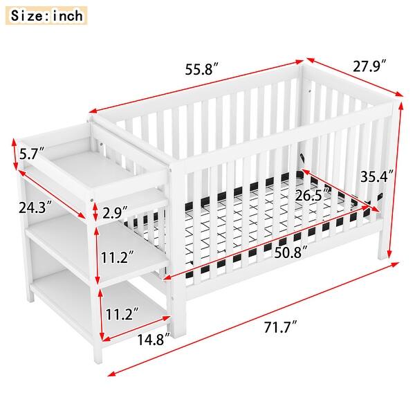dimension image slide 1 of 6, New Style Convertible Crib / Full Size Platform Bed with Changing Table, Storage Bed with Shelves, Wooden Crib