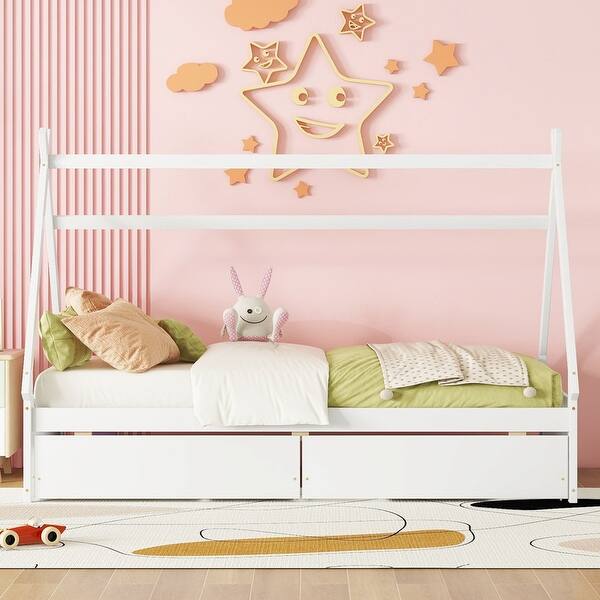 slide 2 of 18, Wooden Twin Size House Platform Bed with Two Drawers White