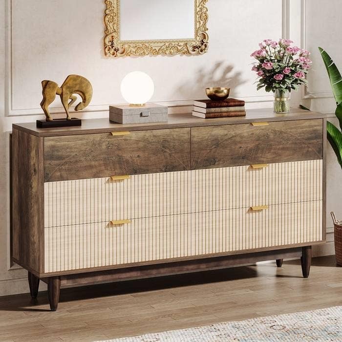 Modern Wooden 6 Drawer Dresser with Unique Arched Design Storage Chest for Bedroom and Hallway