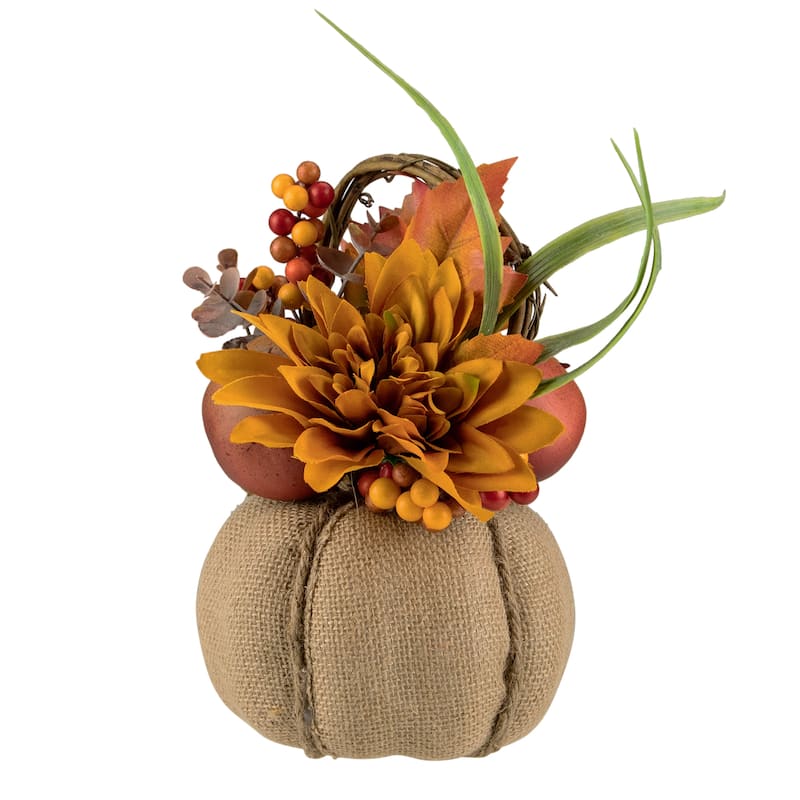 Mixed Autumn Harvest Flora in a Pumpkin Basket Decoration - 9"