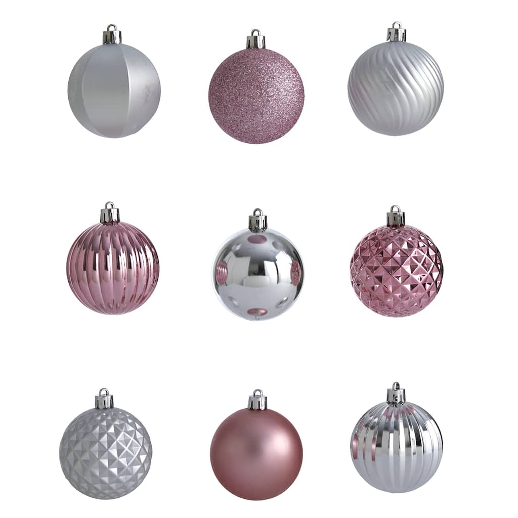 101ct Silver & Pink Shatterproof 3-Finish Christmas Ball Ornaments 2"