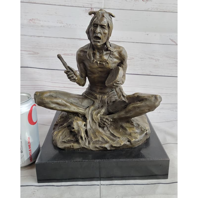 Native American Indian Shaman Medicine Man Playing Tom Tom - Bronze Sculpture Original Art