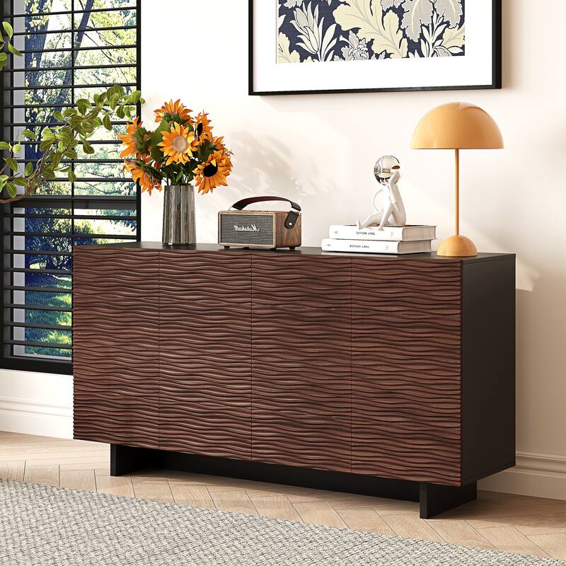 59" Storage Sideboard Buffets Cabinet with 4 Doors - Cherry Brown