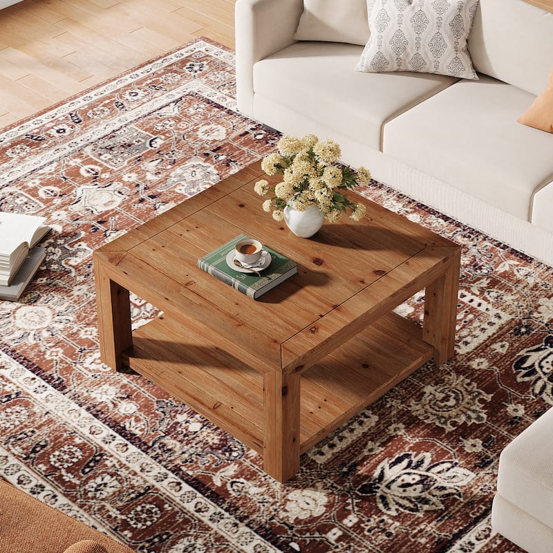 Square Solid Wood Coffee Table, Open Storage Shelf Living Room Center Cocktail Accent Table