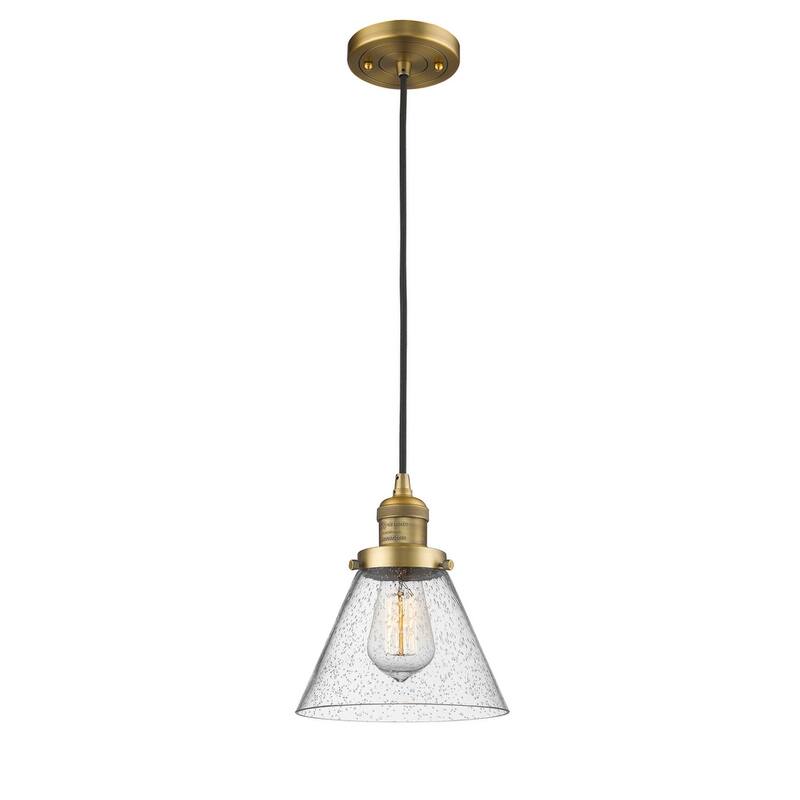 Innovations Lighting Large Cone 8" Wide Mini Pendant - Cord Suspension - Brushed Brass / Seedy