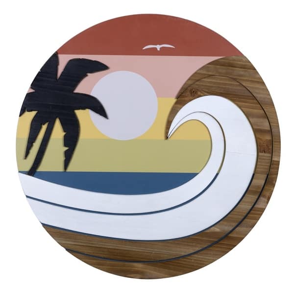 Round Wooden Sunset Wave Wall Art - Overstock - 34261279