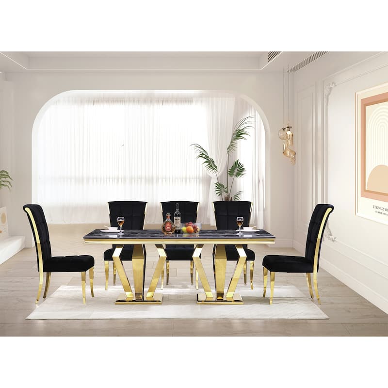 Black Velvet Upholstered Dining Chairs with Gold Legs Set of 2