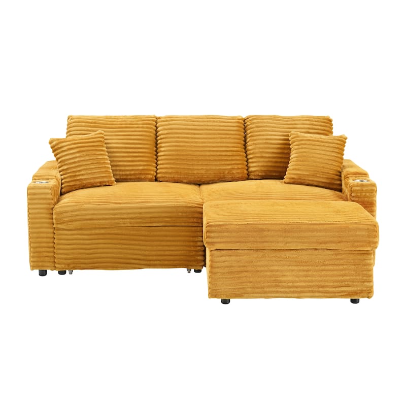 Multi-Function Corduroy Sectional Sofa Hidden Reclining Couch with Storage Ottoman Chaise Lounge, Pillows and Cup Holders