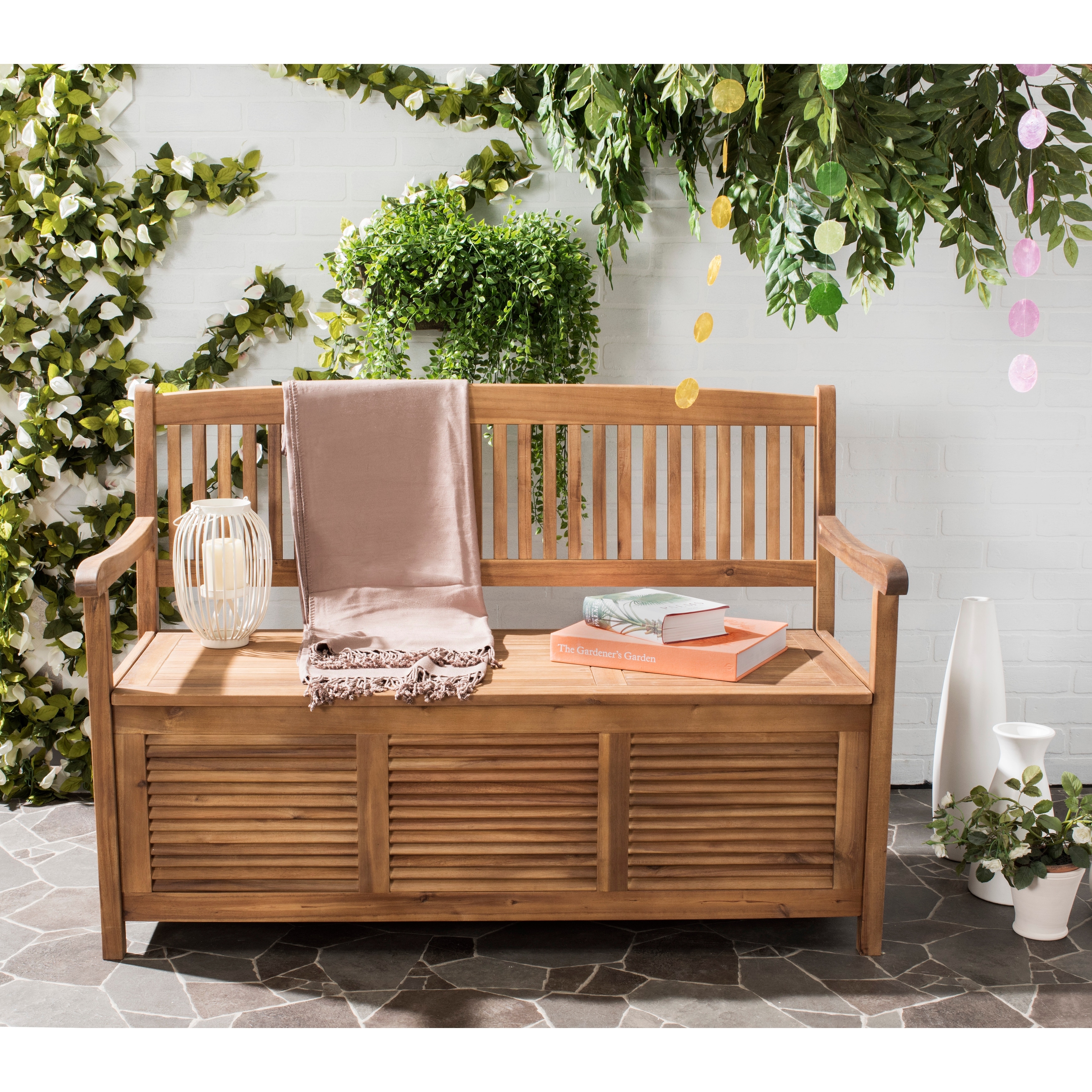 SAFAVIEH Outdoor Living Brisbane 50-Inch Storage Wood Bench