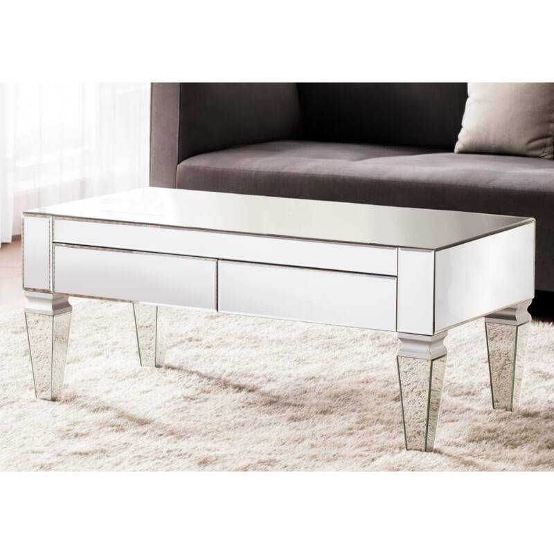 41" Silver Glass Mirrored Coffee Table with Iron Base for Living Room - 18" H x 41" W x 21" D - Silver