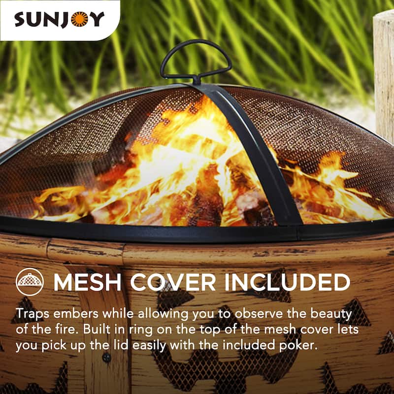 Sunjoy 30 in. Outdoor Wood-Burning Fire Pit, Patio Woven Round Steel Firepit Outside with Spark Screen and Poker - N/A