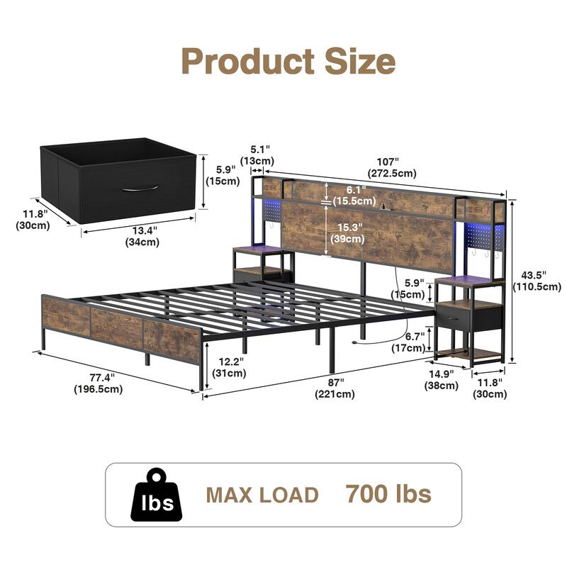 Rustic Brown Bed Frame (Queen/King) with 2 Sliding Nightstands & Bookcase Storage Headboard