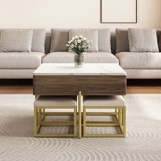 Lift Top Coffee Table with Hidden Storage, Modern Square Center Table with 4 Ottomans, Wood Cocktail Table Center Table