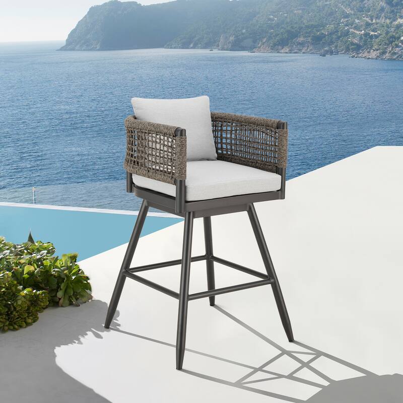 Alegria Outdoor Patio Swivel Counter Stool in Aluminum with Rope and Cushions