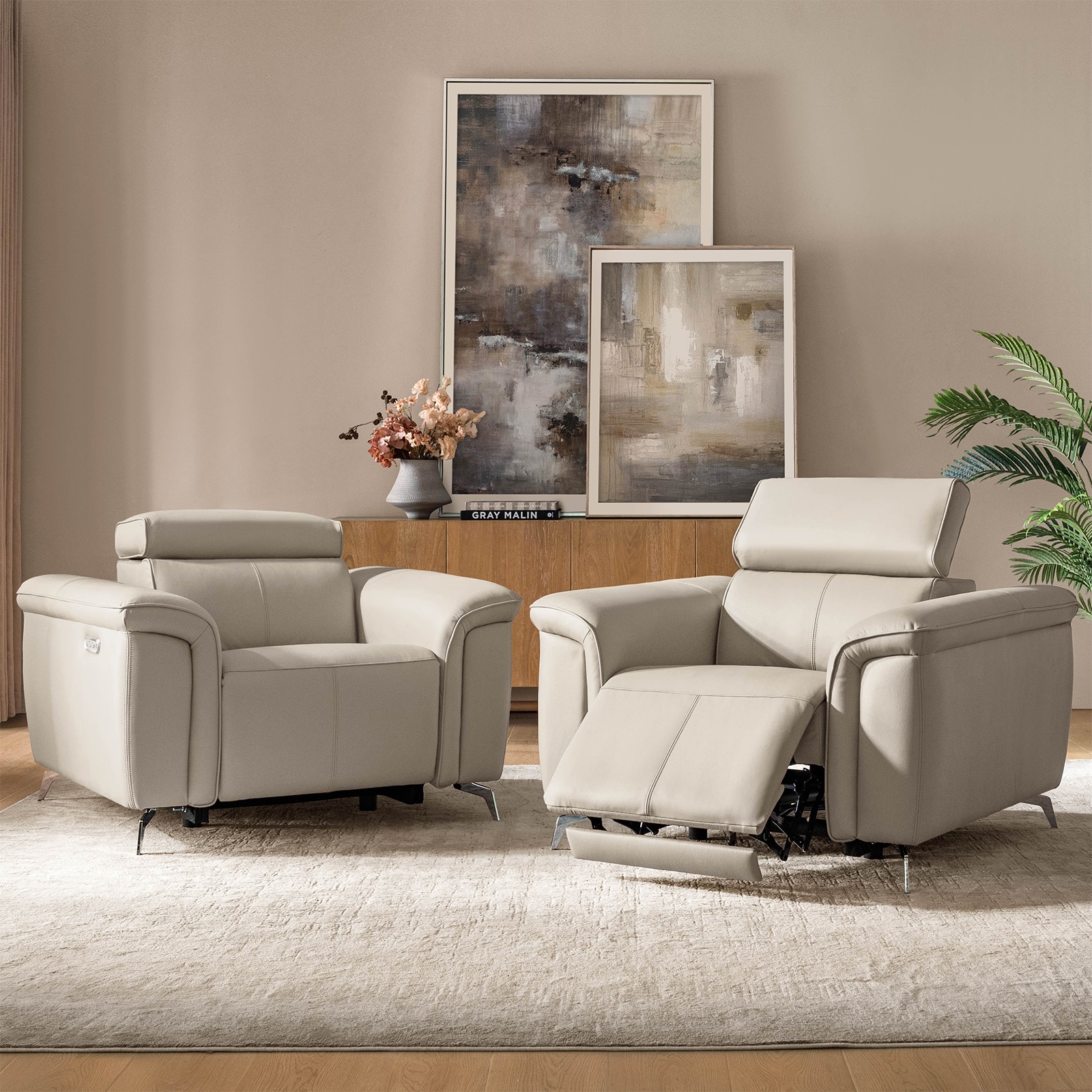 Jacindo 45.5"W Modern Genuine Leather Power Recliner with Adjustable Headrest and USB Port Set of 2 By HULALA HOME