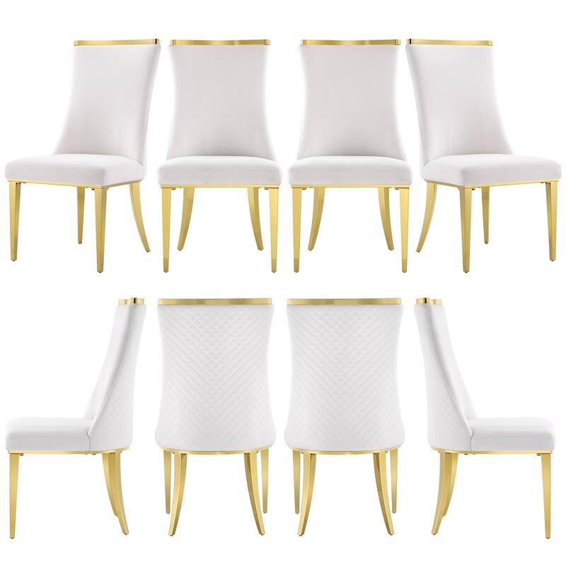 Luxurious White Velvet Upholstered Dining Chairs with Reticulate Texture Back and Polished Gold Metal Legs - Set of 8