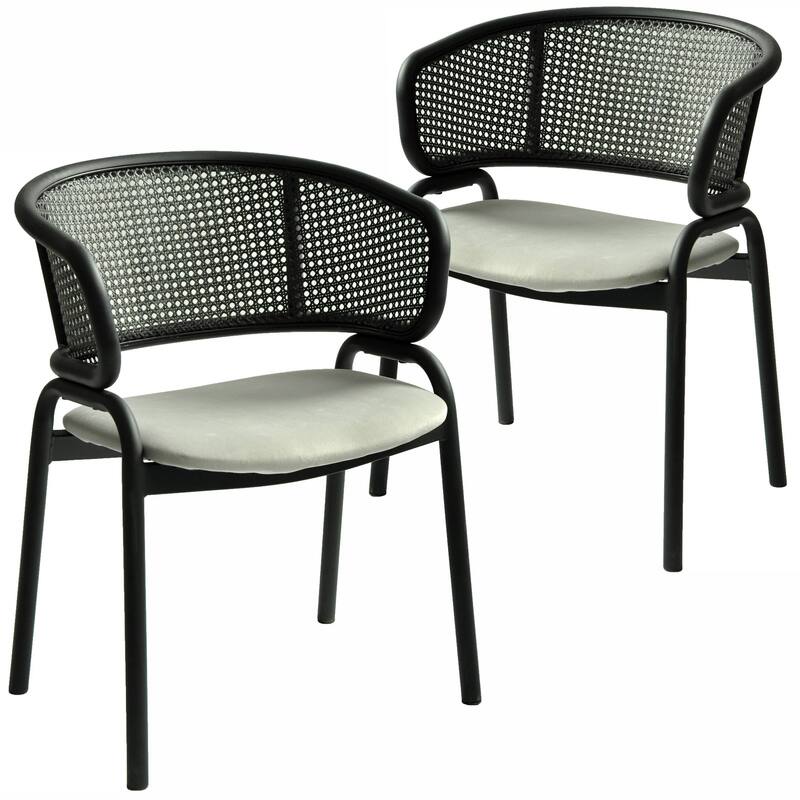 Ervilla Modern Upholstered Accent Side Chair with Wicker Back and Black Iron Legs for Dining Room & Kitchen, Set of 2