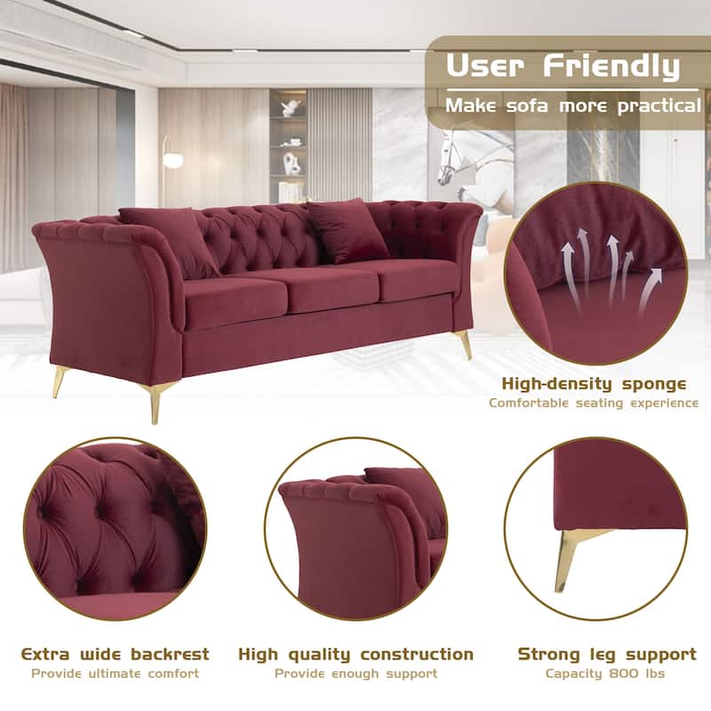 Mid-century Velvet Fabric Tufted Chesterfield 3-Seater Sofa