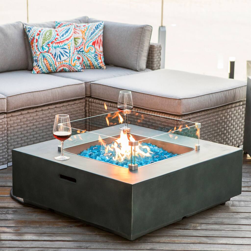 COSIEST Outdoor Propane Square Fire Pit with Wind Guard, Fire Glass