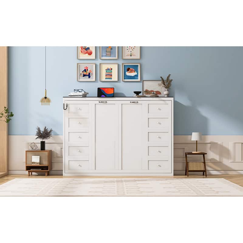 Roomfitters Full/Queen Size Murphy Bed with Desk, LED Light and Hydraulic Lift, Cabinet Design