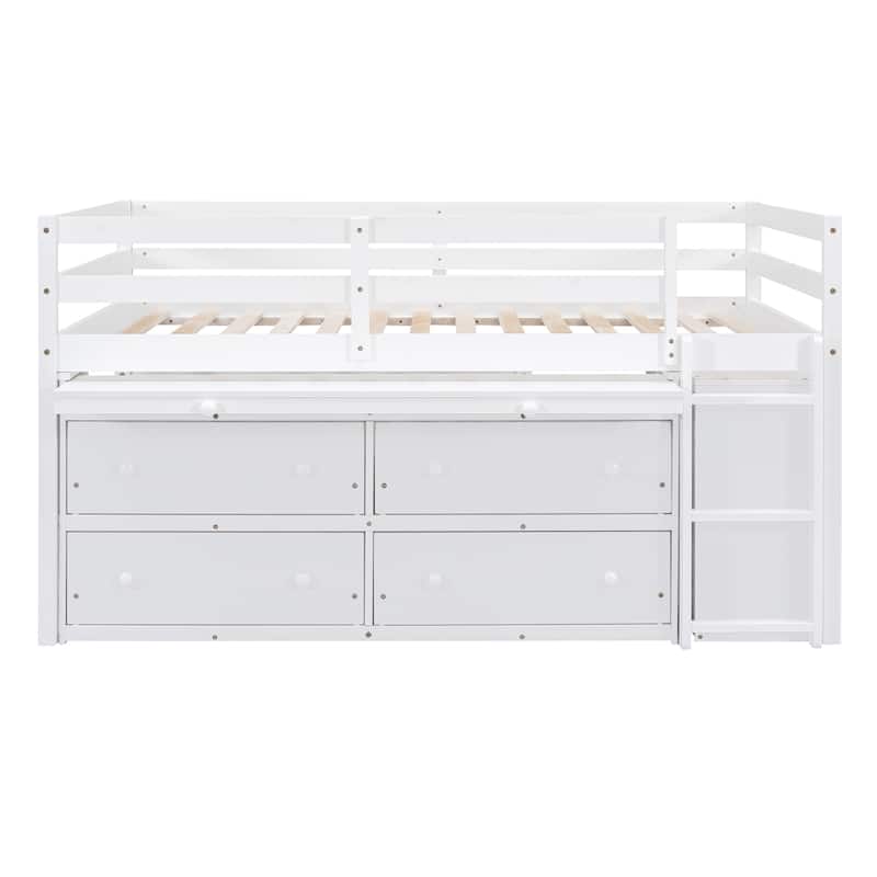 Full Size Loft Bed with Retractable Writing Desk and 4 Drawers, Wooden Loft Bed with Lateral Portable Desk and Shelves, White