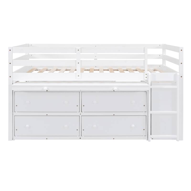 White Full Size Solid Wood Loft Bed with Retractable Desk & Drawers