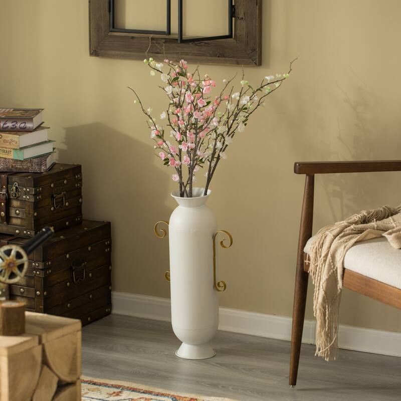 19.25 in Tall Decorative White Metal Floor Vase With 2 Gold Handles - Elegant Handcrafted Chic Vessel for Home Decor